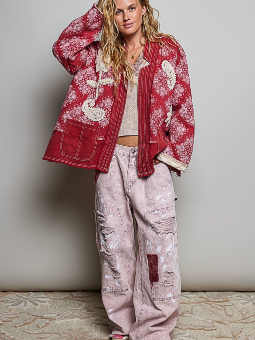 POL Red Paisley Print Reverse Stitch Floral Embroidered Open Front Jacket - Picture 6 of 8